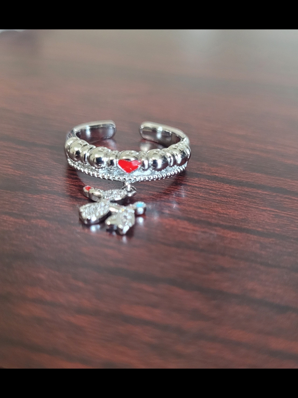 Silver Tone Red Heart Adjustable Ring with Dangle Dog Charm